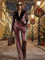 【24-hour shipping out】Casual Loose Retro Velvet Leopard Print Colorblock Lapel Long Sleeve Jumpsuit