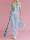 Elegant Retro Sporty White Trim Front Button V-neck Light Blue Knitted Top And Pants Set