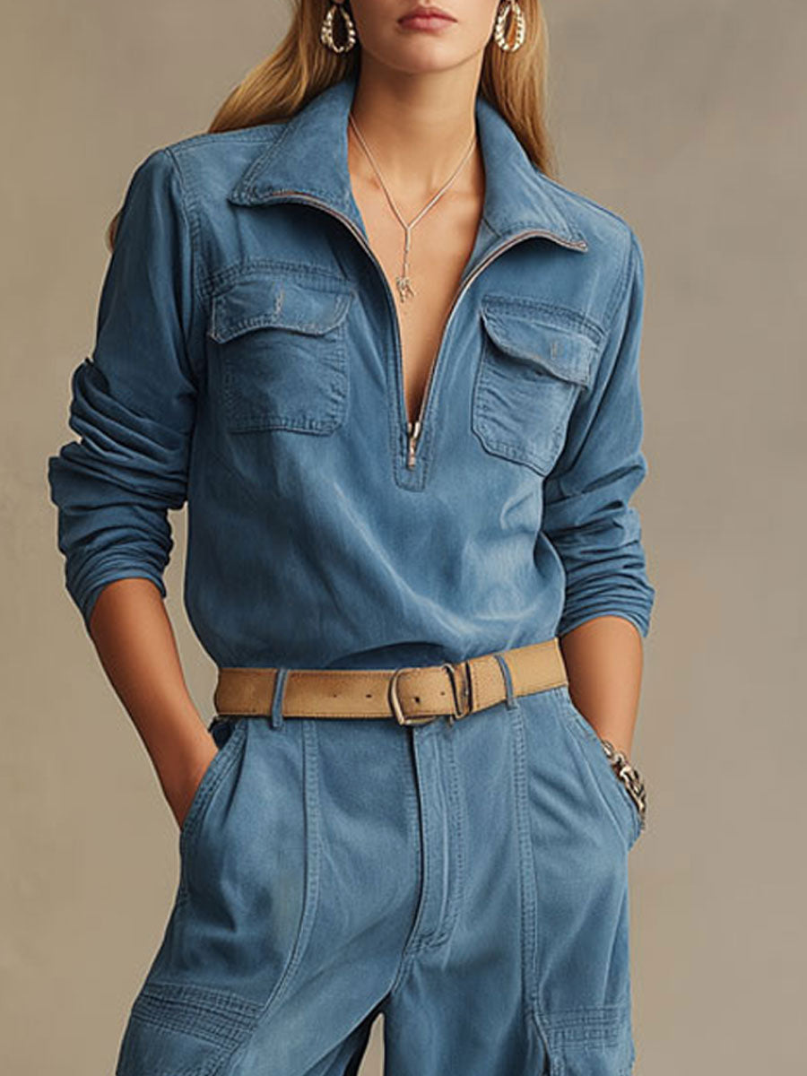Western Retro Blue Faux Suede Half-Zip Top And Wide-Leg Cargo Pants Set