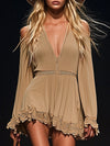 Bohemian Strapless Off-the-Shoulder Khaki Long Sleeve Mini Dress