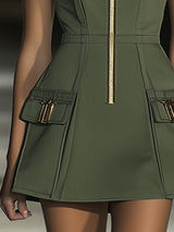 【24-hour shipping out】Casual Fashion Half Zip Cargo Pocket Sleeveless Mini Dress