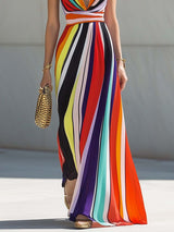 【24-hour shipping out】Elegant Flowing V-neck Rainbow Stripe Print Chiffon Maxi Dress