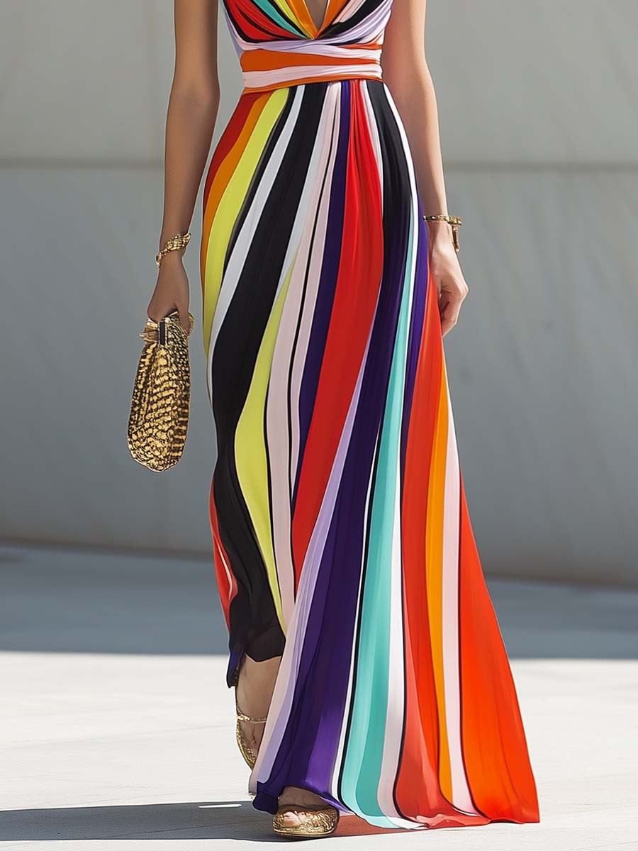 【24-hour shipping out】Elegant Flowing V-neck Rainbow Stripe Print Chiffon Maxi Dress