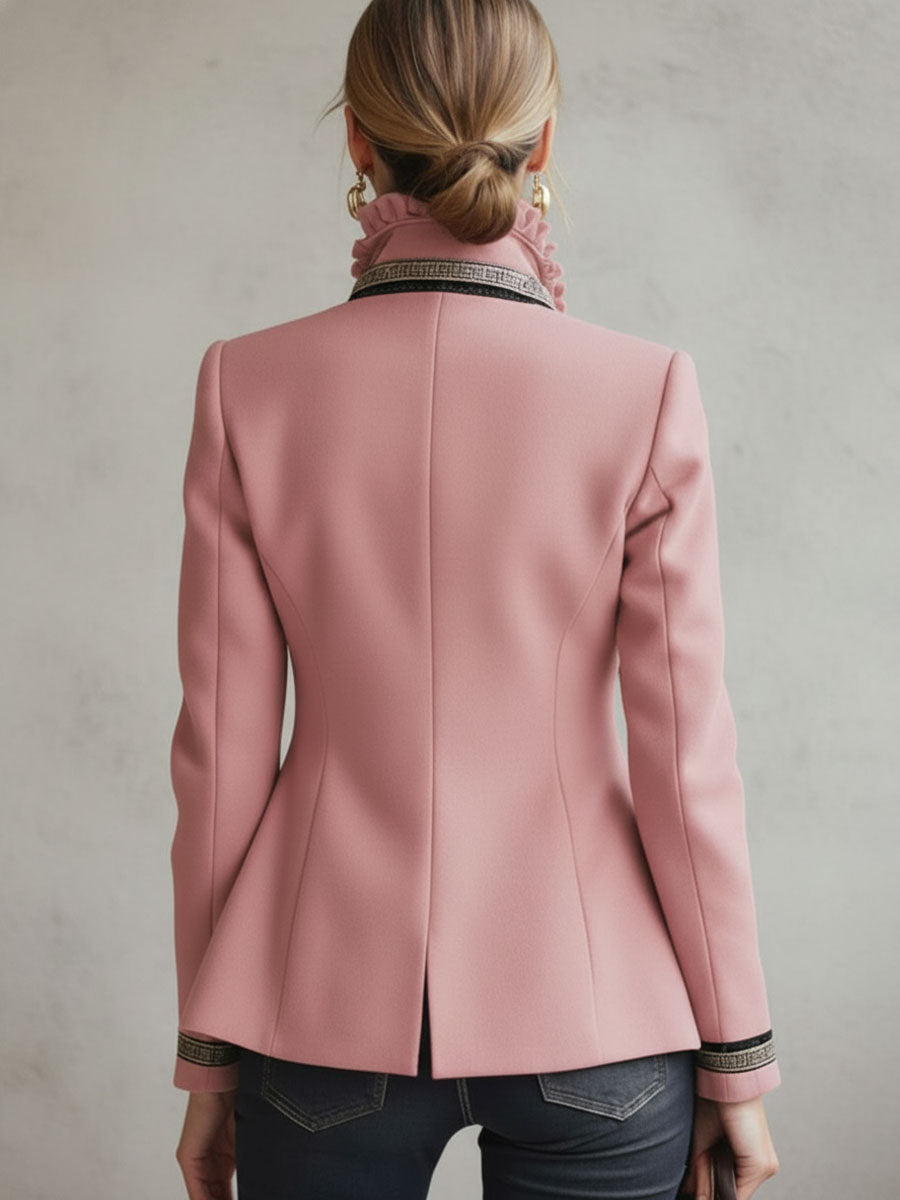 Ruffled Stand-up Collar Single-breasted Rose Embroidered Woolen Jacket