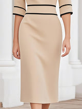 【24-hour shipping out】Elegant And Stylish Black Line Trim Khaki Midi Dress