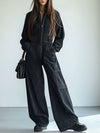 【24-hour shipping out】Casual Loose Retro Denim Zipper Elastic Waist Lapel Long Sleeve Jumpsuit