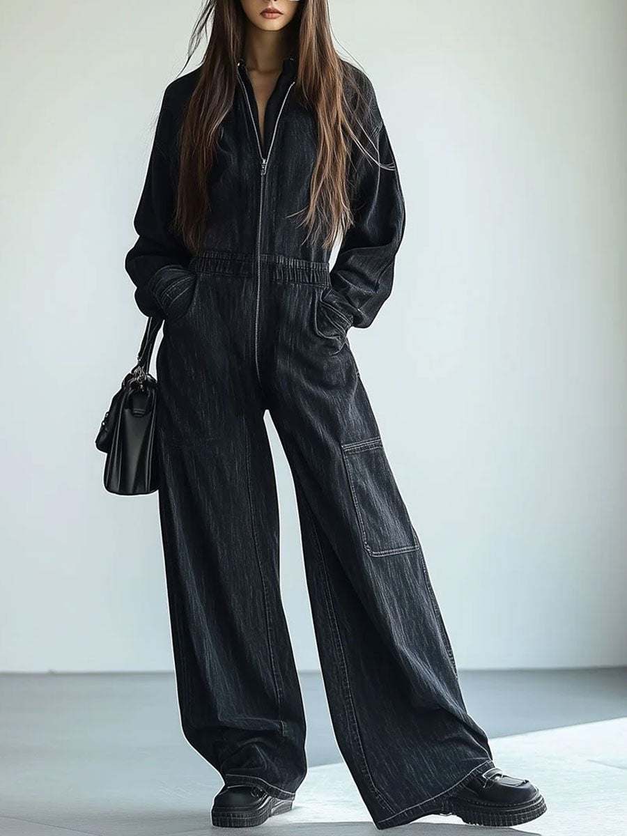 【24-hour shipping out】Casual Loose Retro Denim Zipper Elastic Waist Lapel Long Sleeve Jumpsuit