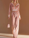 Sporty Retro-style Pink Hooded Zip-up Velvet Top And Pants Set