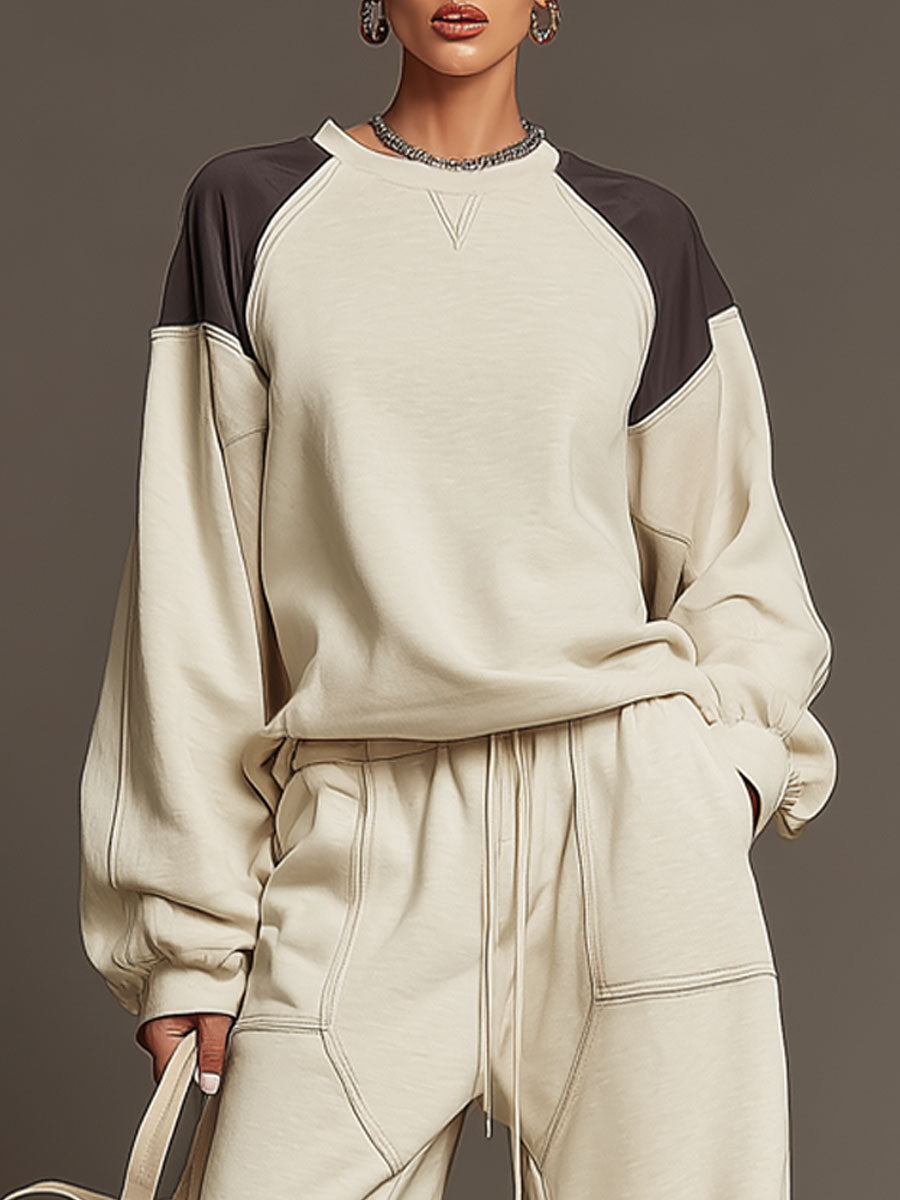Sporty Retro Crew Neck Color Block Beige Cotton Sweatshirt And Shorts Set