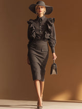 Urban Chic Grey Ruffled Blouse And Skirt Set