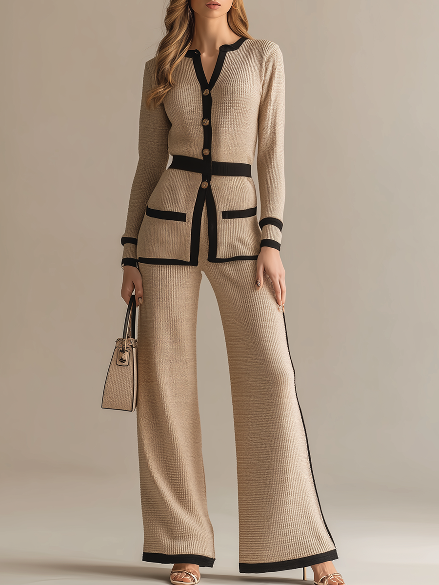 Vintage And Elegant Contrasting Trim Shirt And Wide-leg Pants Set