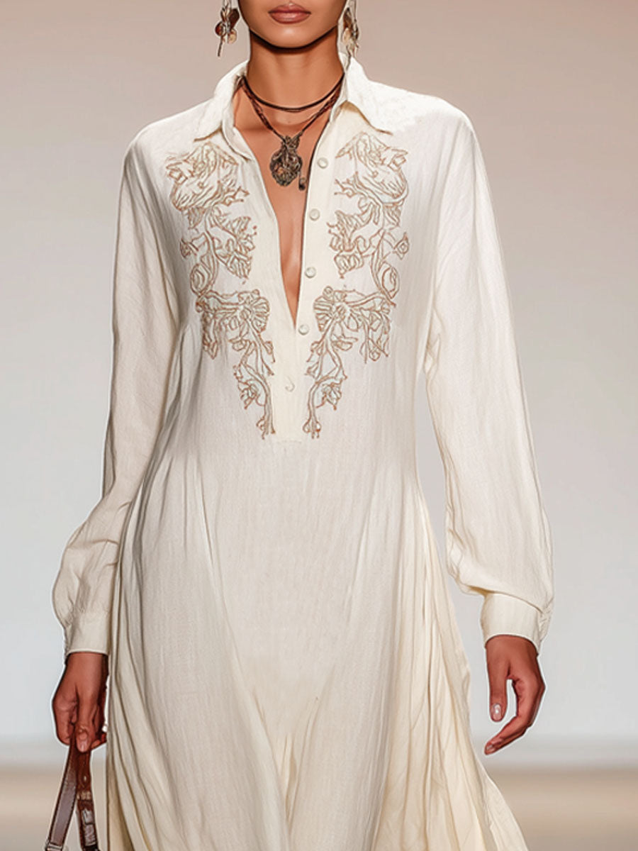 Lapel Half-open Button Cotton Linen Embroidered Long-sleeved Maxi Dress