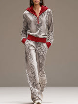 Casual Sporty Retro Snakeskin Gray Velvet Hooded Sweatshirt Wide-Leg Set