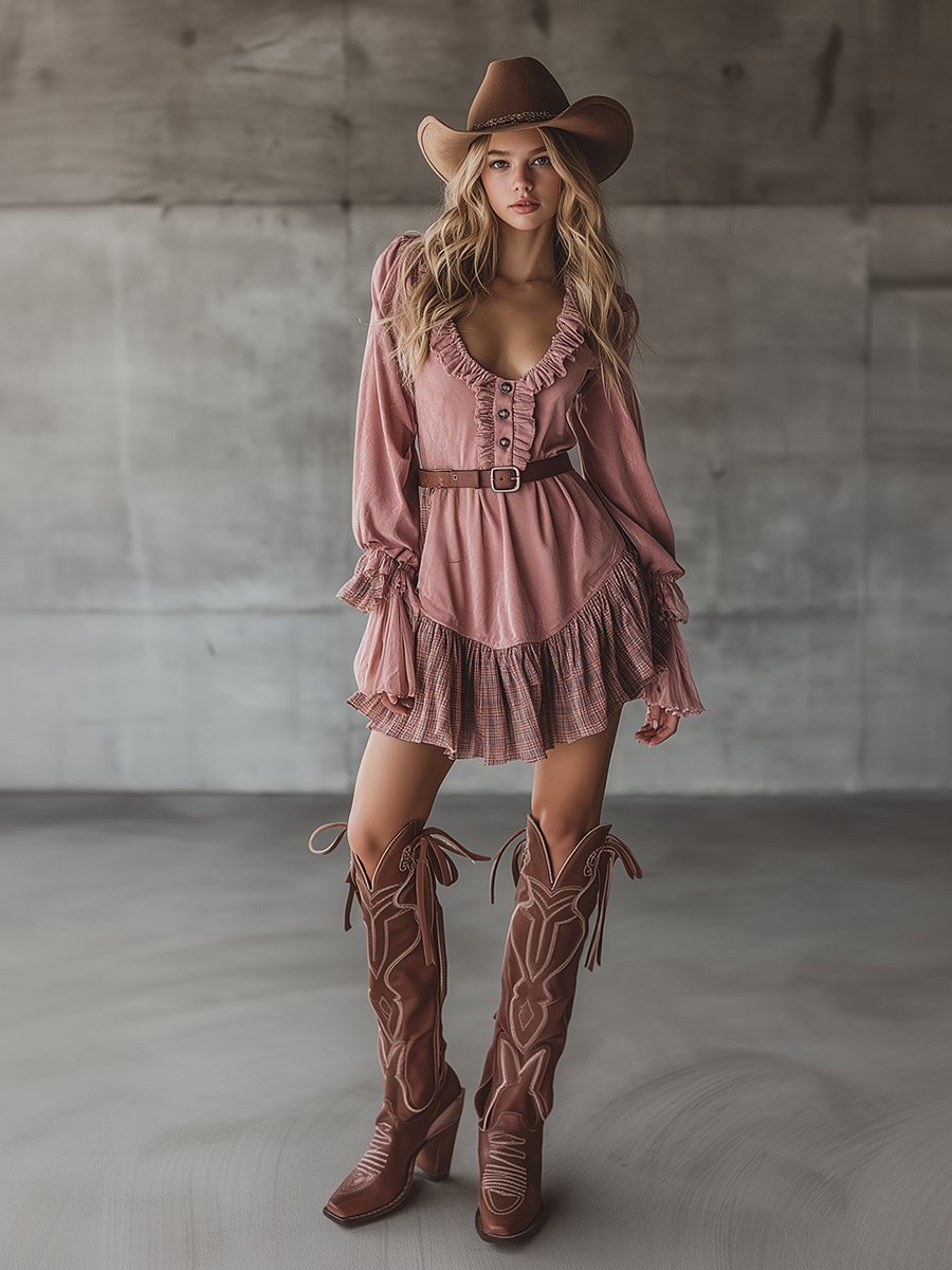 Western-style Ruffled Neckline Checkered Chiffon Hem Pink Faux Suede Mini Dress