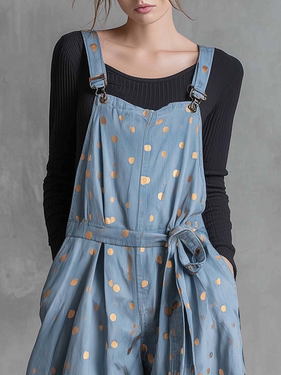 Vintage Fashion Waist TieGold Polka Dots Light Blue Denim Jumpsuit Overalls