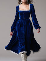 Fashionable Retro Lace-trimmed Royal Blue Velvet Long-sleeved Midi Dress