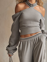 Trendy Retro Sporty Gray Off-shoulder Sweatshirt And Wide-leg Pants Set