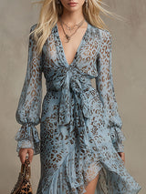 Stylish Retro Leopard Print Light Blue V-neck Chiffon Midi Dress