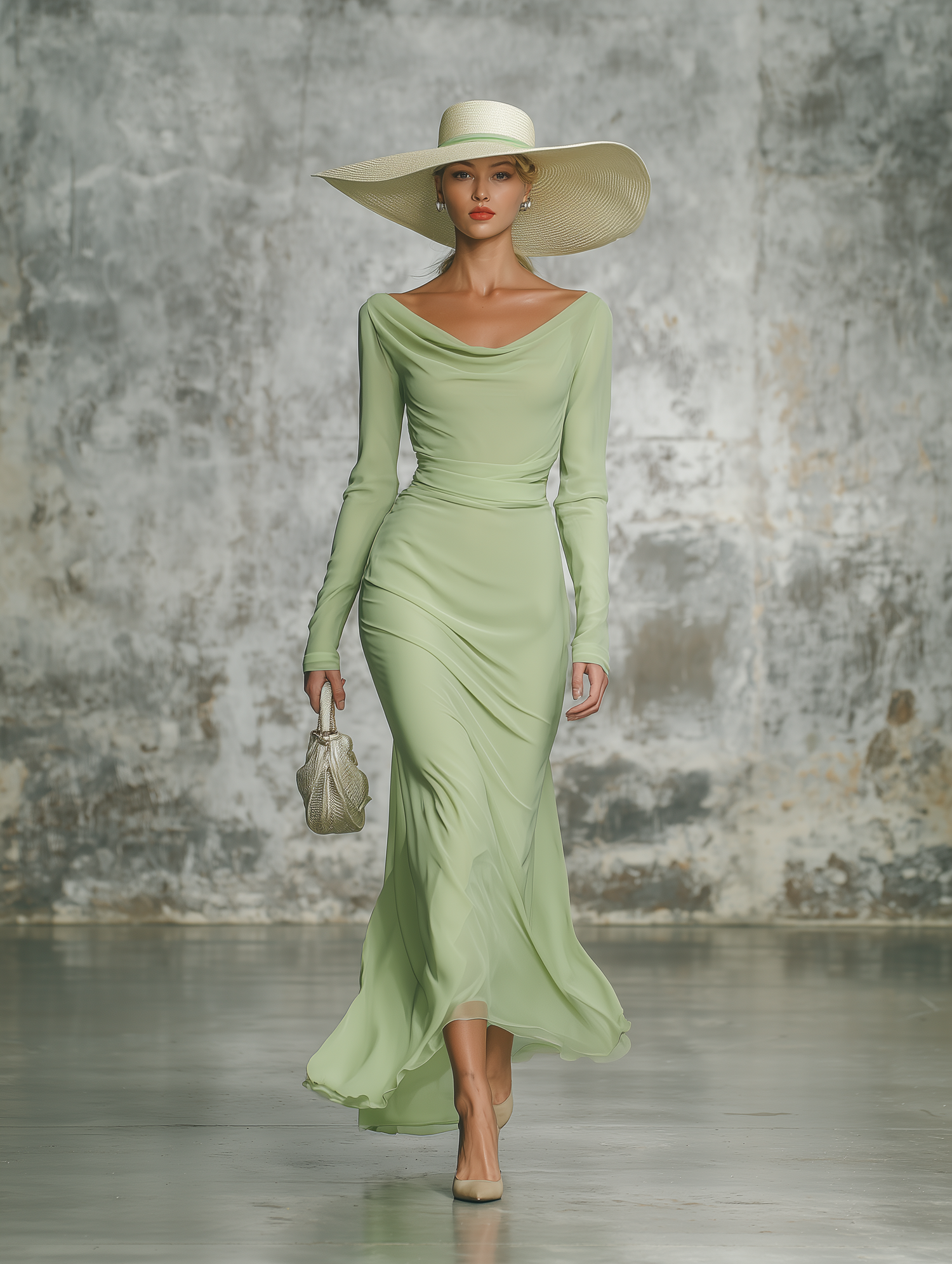 Elegant Green Chiffon Fishtail Maxi Dress