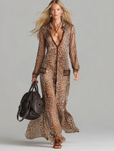 Fashionable And Elegant Brown Chiffon Leopard Print Long Sleeve Maxi Dress