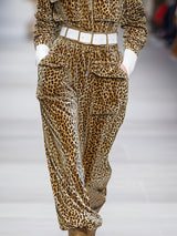 Western Casual Button Leopard Print Velvet Midi Dress