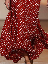 Stylish And Retro White Polka Dot Red Cotton Maxi Dress