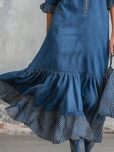 Casual And Stylish Checkered Ruffle Blue Denim Midi Dress