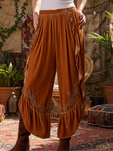 Retro Bohemian Ruffled Embroidered Velvet Cropped Pants