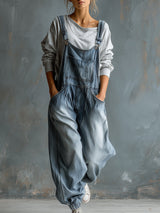 Casual Retro Washed Denim Blue Pocket Overalls