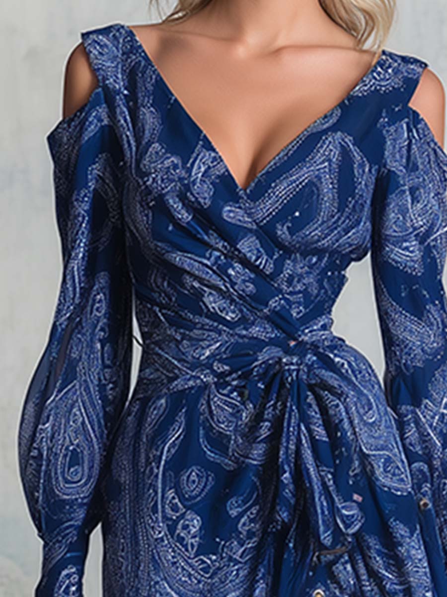 Elegant Bohemian Blue Paisley Print Chiffon Off-the-shoulder Long-sleeved Maxi Dress