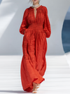 Loose-fitting Bohemian V-neck Elasticated Tulip-shaped Hem Red Cotton Linen Maxi Dress