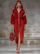 Loose Color-blocked Woven Ribbon Long-zippered Hooded Faux Suede Long-sleeved Midi Dress