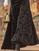 Black Rose Print A-line Velvet Skirt