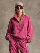 Casual Sporty Retro Rose Red Cotton Sweatshirt And Cargo Pants Set