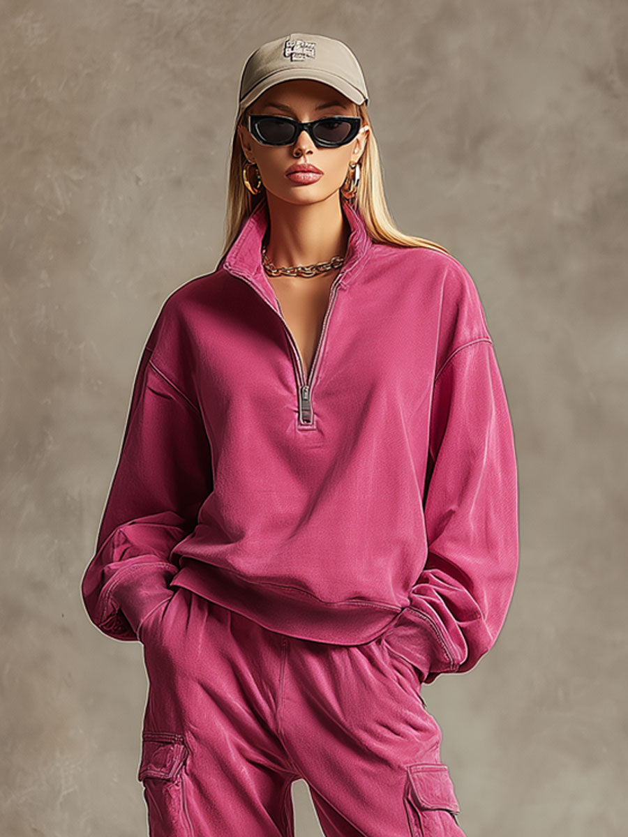 Casual Sporty Retro Rose Red Cotton Sweatshirt And Cargo Pants Set