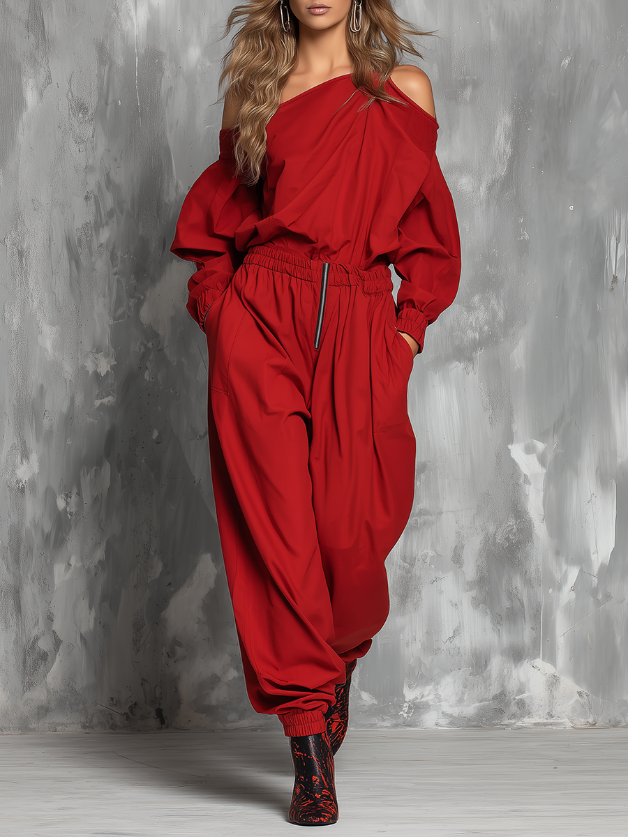 Stylish Western-style Red Off-the-shoulder Long-sleeved Top And Tapered Trousers Set