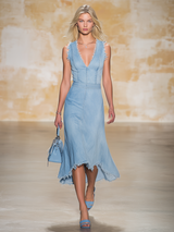 Retro-chic V-neck Sleeveless Frayed Denim Midi Skirt