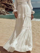 Elegant Retro Bohemian Style Round Neck Lace Trim White Cotton Maxi Dr