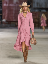 Western-style Pink Button-up With Ruffle Trim Midi Dress