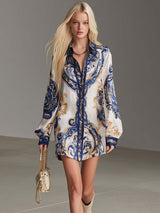 Elegant Vintage Versatile Fashion Navy Trimmed Baroque-style Printed White Satin Shirt Dress.