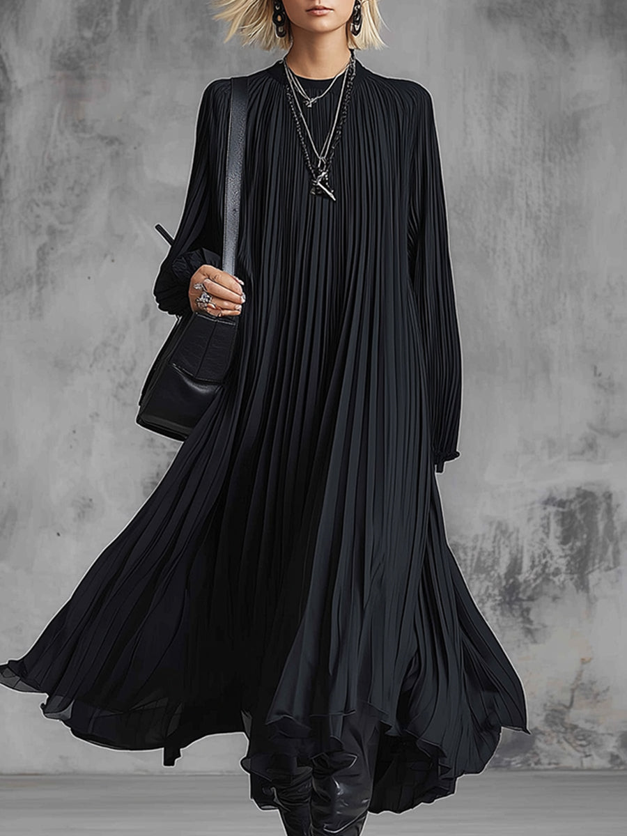 Elegant Urban Silhouette Black Chiffon Pleated Maxi Dress