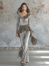 Elegant Retro Leopard Print Ruffled Velvet Tracksuit Two-piece Set