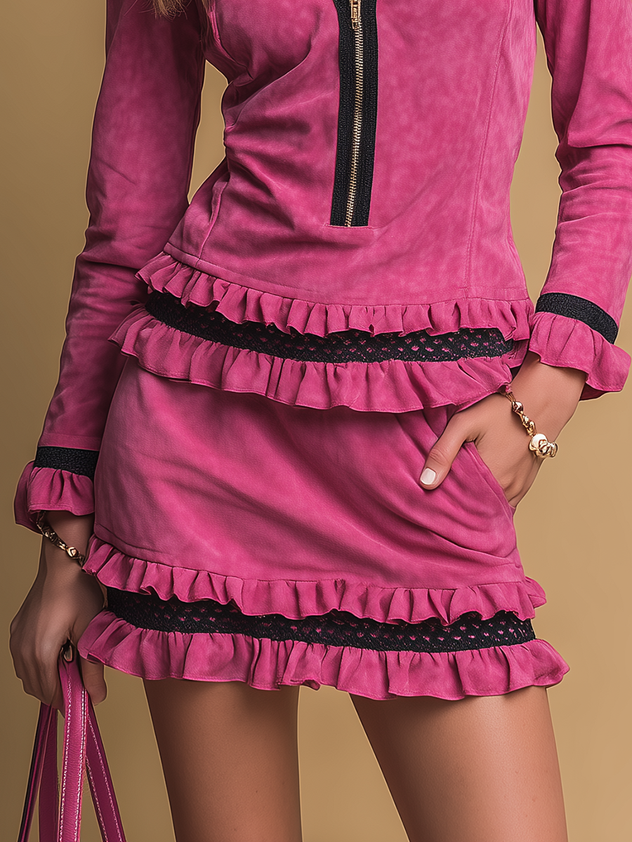 Elegant Color-blockedTrim Ruffled Top And Mini Skirt Set