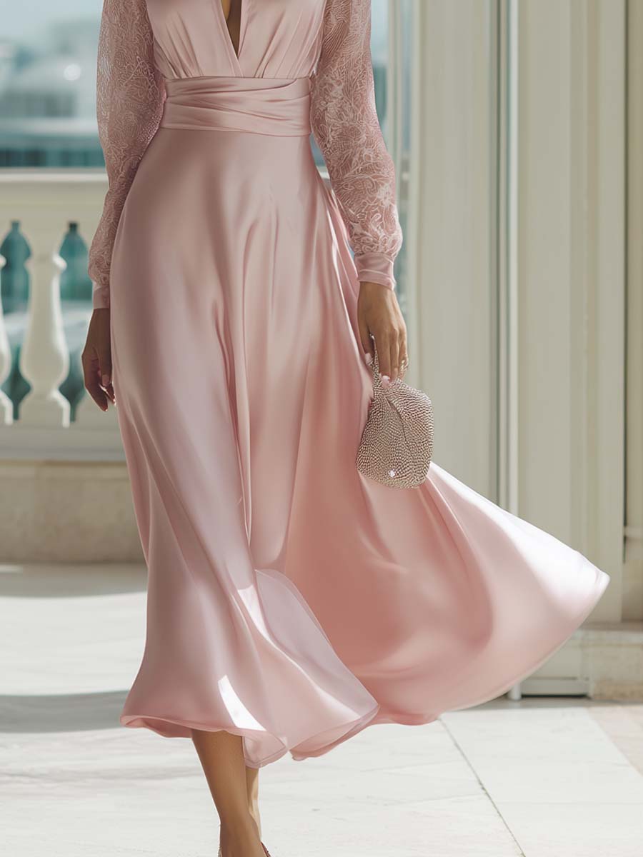 Elegant Retro V-neck Lace Long-sleeved Light Pink Satin Maxi Dress