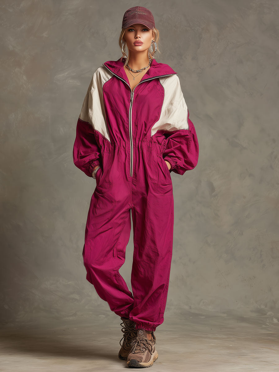 Outdoor Sports Retro Rose Red Zip-up Long-sleeved Jumpsuit
