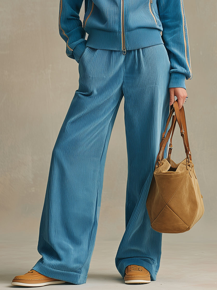 Sporty Retro Embroidered Blue Corduroy Zipper Sweatshirt And Wide-Leg Pants Set