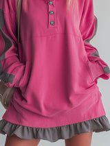 Sporty Color-blocked Ruffled Half-zip Hooded Long-sleeved Mini Dress