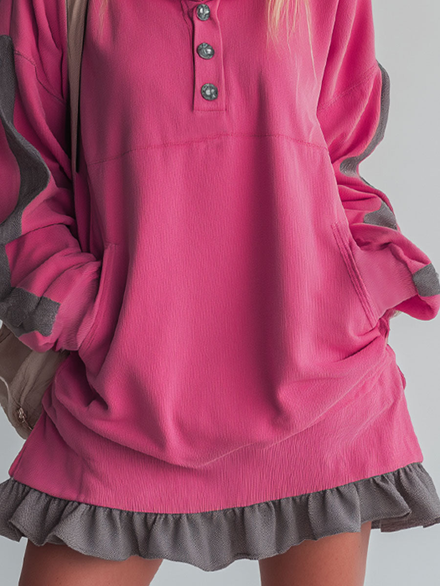 Sporty Color-blocked Ruffled Half-zip Hooded Long-sleeved Mini Dress