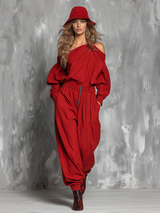 Stylish Western-style Red Off-the-shoulder Long-sleeved Top And Tapered Trousers Set