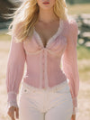 Western-style Pink Cotton And Linen Blend With Lace Trim And ButtonsShirt